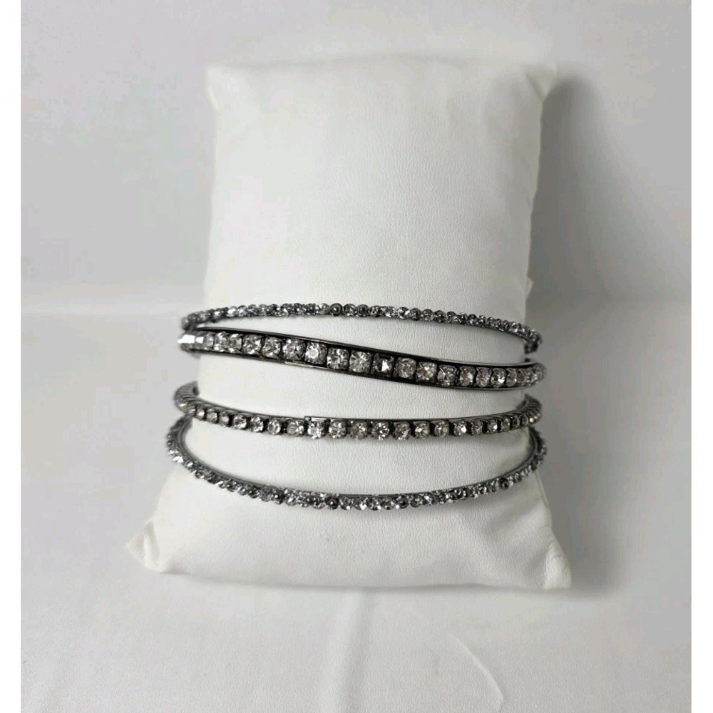 Gunmetal Rhinestone Bangle Bracelet Set 4 Piece Clear Crystal Dark Grey Tone - Picture 1 of 2